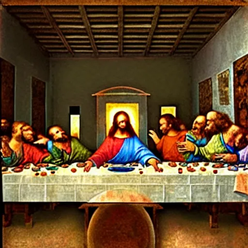 Prompt: the last supper by da vinci but with teletubbies as disciples