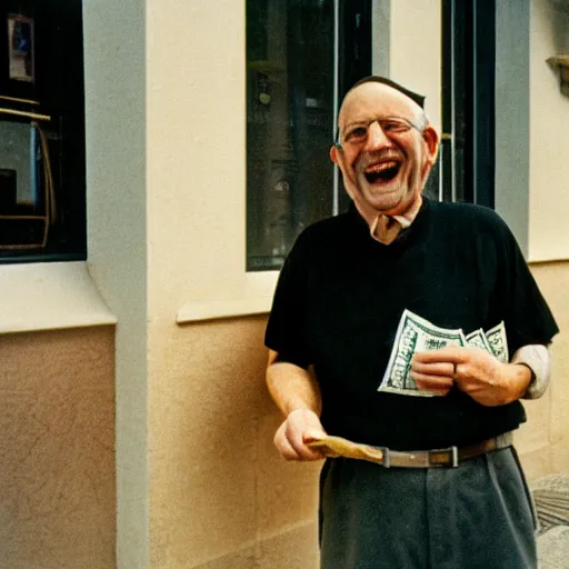 Prompt: photo of jewish man holding cash, laughing cinestill, 800t, 35mm, full-HD