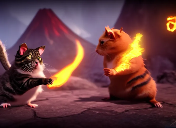 Image similar to hamster fights a cat in mortal kombat at a volcano with shao khan cheering in the background. fantasy magic style. highly detailed 8 k. intricate. lifelike. soft light. sony a 7 r iv 5 5 mm. unreal engine with nanite and path tracing