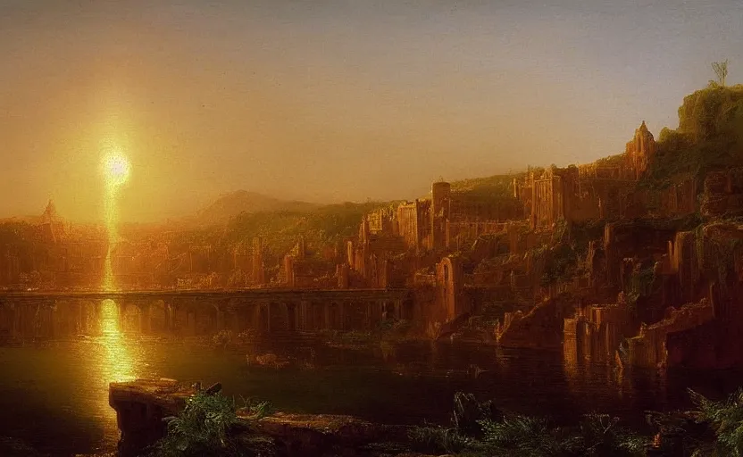 Prompt: a city of light and gold under the ancient runs painted by thomas cole