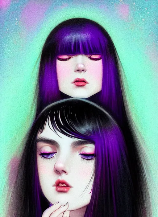 Image similar to portrait of teenage girl with white bangs, red irises, black hair, purple clothes, white bangs, bangs are different color from hair, intricate, front of hair is white rest is black, elegant, glowing lights, highly detailed, digital painting, artstation, concept art, smooth, sharp focus, illustration, art by wlop, mars ravelo and greg rutkowski