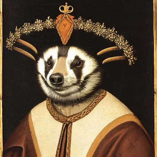 Prompt: a renaissance style portrait of an European badger wearing a crown and a cape, dark background