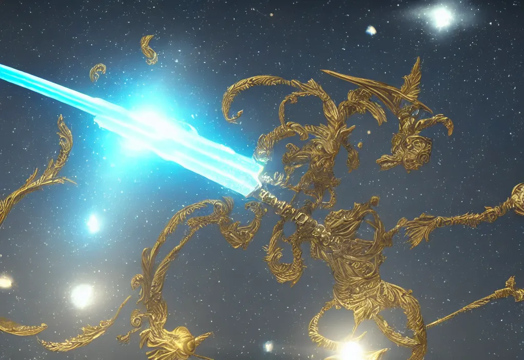 Prompt: a holographic intricate metal sacred sword floating in space reflecting the universe, intricate unreal engine 5 creation