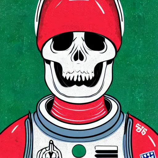 Prompt: skull red and green anatomical in an astronaut suit in space illustration