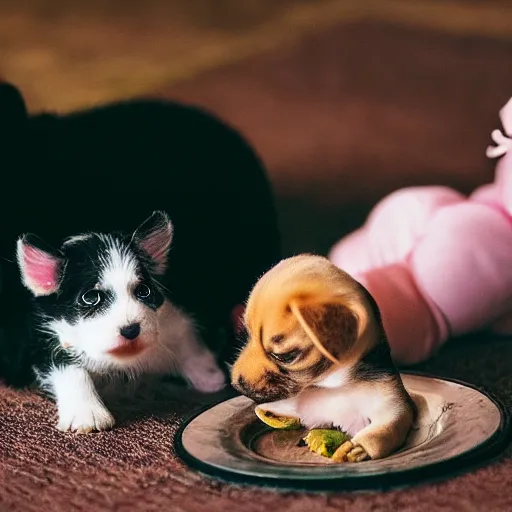 Image similar to photography of a puppie giving some food to baby cat, animal photography, award winning photography by Leonardo Espina
