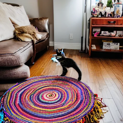 Prompt: a dark and dusty parlor. a dusty sunbeam shines into the room. in the middle of the room is a playful maine coon kitten batting its toys around on a colorful tassel fringed rug. 8 k, 4 k, hyperrealistic, ue 5