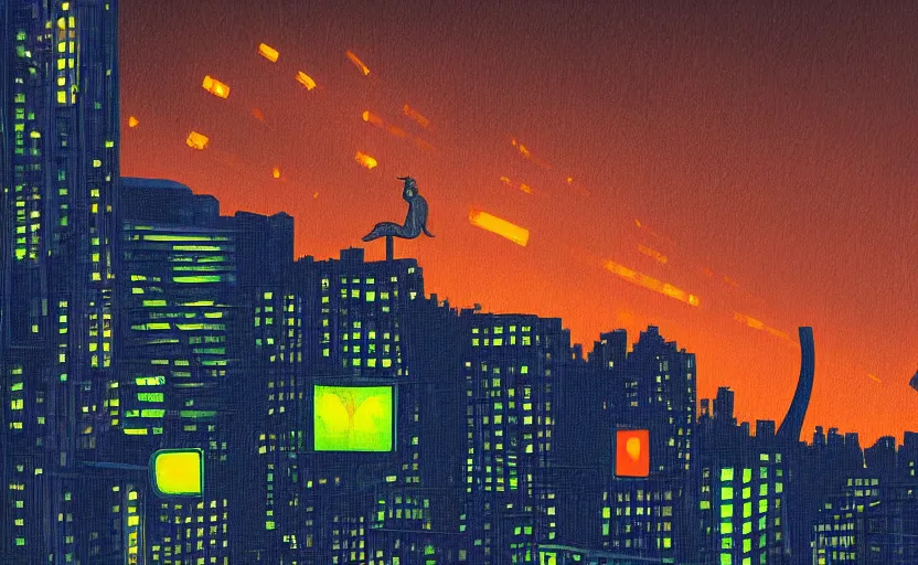 Image similar to a cat observing a neon city from the roof of a building at night, digital art, digital painting