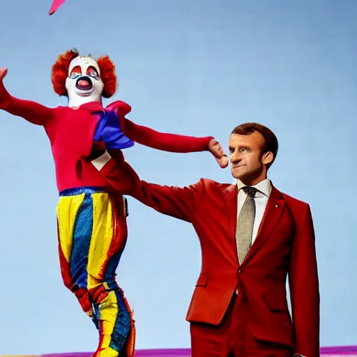 Prompt: emmanuel macron as a clown in a circus, full body shot, highly - detailed, sharp focus, award - winning