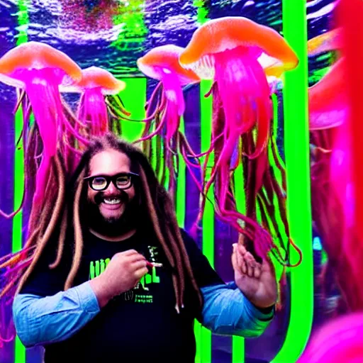 Prompt: a chubby entrepreneur with long dreadlocks and trendy glasses takes a smiling selfie in front a large aquarium filled with neon jellyfish, high detail, full focus, time magazine 2 0 2 2