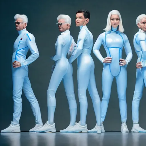 Image similar to troop of identical athletic humans with white hair wearing tight light blue latex suits, in formation, futuristic chemistry lab, sci - fi, highly detailed, hyperrealistic