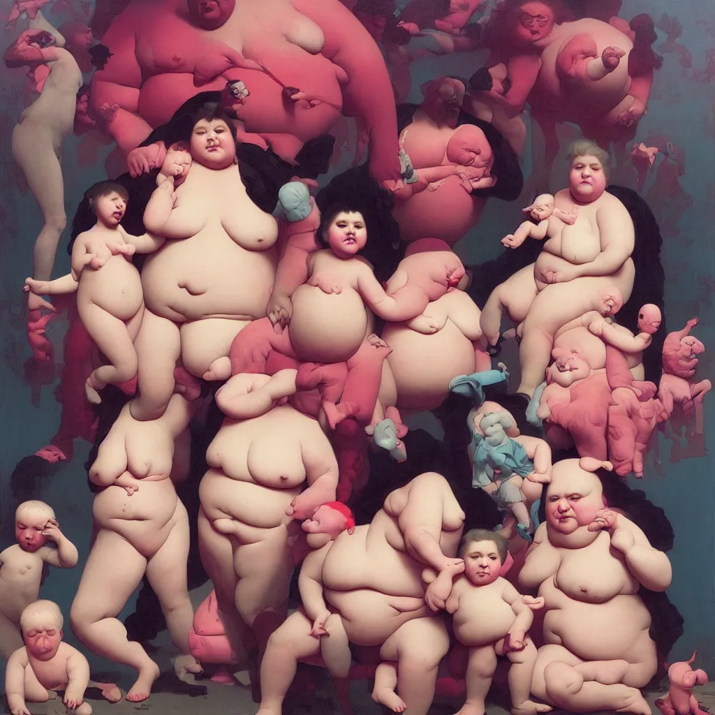 Image similar to sad and disturbing portrait of happy obese american family, vivid colors, neon, art by ( ( ( kuvshinov ilya ) ) ) and wayne barlowe and francis bacon and artgerm and wlop and william - adolphe bouguereau