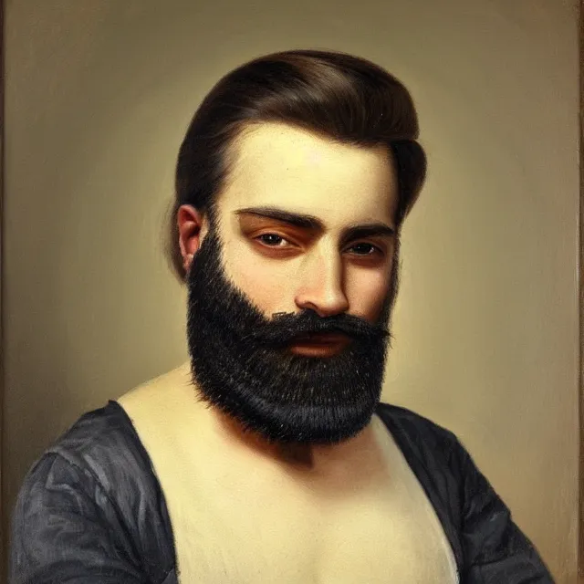 Image similar to a striking portrait of a bearded man in his 3 0 s, he has grey streaks in his beard, detailed, oil painting