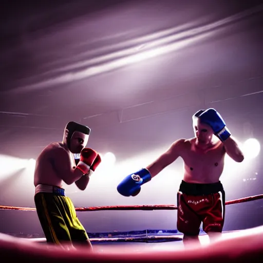 Prompt: two fish fighting in a boxing ring, spotlights, club lighting, epic photograph, realistic