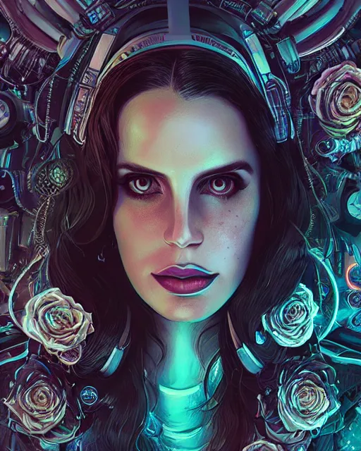 Image similar to portrait of lana del rey as a cyberpunk cyborg. roses, sci - fi, intricate abstract upper body intricate artwork, by tooth wu, wlop, beeple, dan mumford. concept art, octane render, deviantart, greg rutkowski, cinematic arthouse, key art, hyper realism, iridescent accents