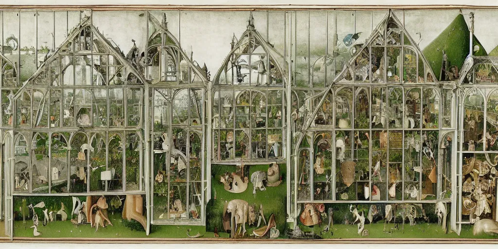 Image similar to greenhouse, side view, cutaway, intricate map diagram, section, insanely detailed, victorian style, hieronymus bosch, 8 k