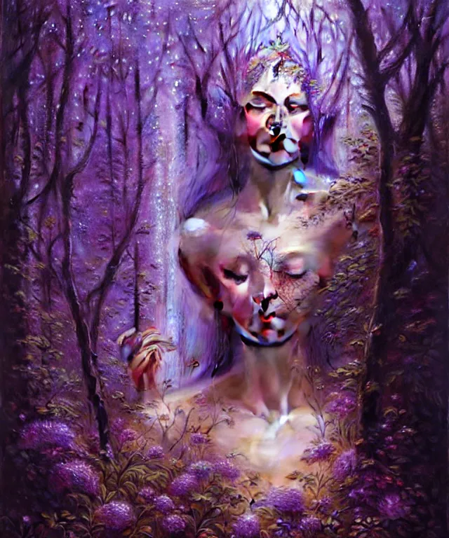 Image similar to ultra detailed magical realism portrait painting of the beautiful empress of the enchanted glowing purple forest, volumetric lighting, depth of field, illusion, intricate details, by karol bak, greg rutkowski, peter mohrbacher.