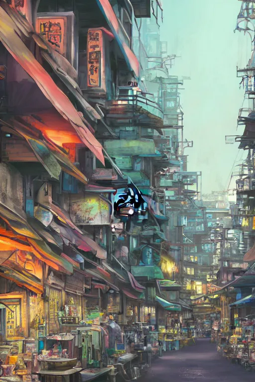 Image similar to backlane alley hawker street with kuala lumpur twin towers in the background, evening, highly detailed matte painting, studio ghibli, artstation