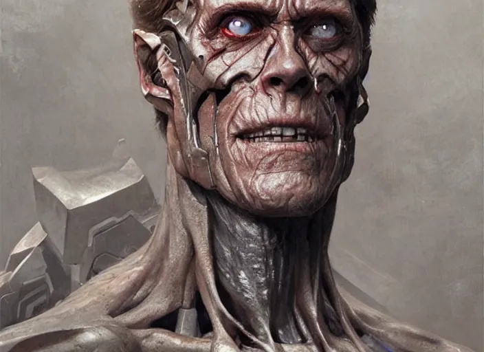 Image similar to willem dafoe as victor stone, full body concept, cyborg, borg, strogg, face of a man, terminator, flesh, quake strogg, doom demon, wolfenstein, monstrous, symmetry, symmetrical, concept art by ruan jia and greg rutkowski