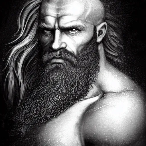 Prompt: painted portrait of rugged godly man in the ocean, god of war, black hair, masculine, powerful, handsome, upper body, white robe, muscular, extremely hairy torso!, fantasy, intricate, scar across eye, highly detailed!!, digital painting!, artstation, concept art, smooth, sharp focus!!!, illustration, art by leonardo da vinci