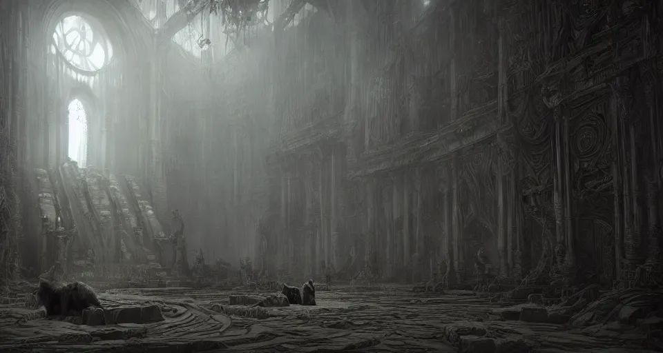 Image similar to king of the wolves - fantasy, inside the king's hall wolves and their treasures, ethereal, ominous, misty, 8 k, by h. r. giger and greg rutkowski, the last guardian by fumito ueda - elden ring