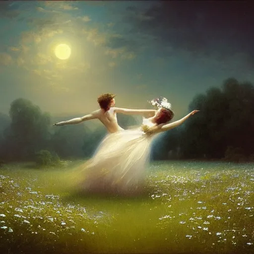 Image similar to the moonlit dance of the fae, dancers in white dancing across a flower meadow the moonlit dance by elena vizerskaya and ivan aivazovsky, perfectly detailed, artstation, sharp focus, highly detailed, studio photography