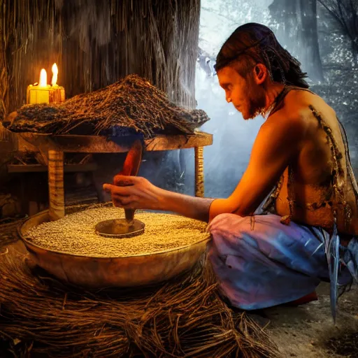 Image similar to a shaman preparing a magic decoction in a dreamy atmosphere, 4 k, 3 d, photo