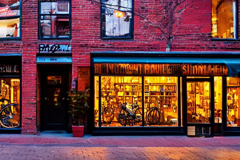 Image similar to boutique bicycle shop storefront wide angle street at dusk, red brick surround, cinematic lighting