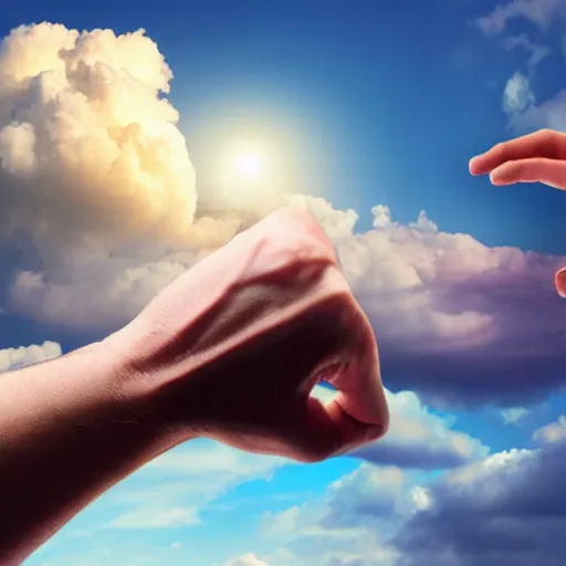 Image similar to giant hand in the sky about to crash a house, hyper realistic, hd,