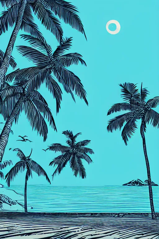 Prompt: a beautiful linocut print on paper of a beach with coconut palms 8 k, frostbite 3 engine, cryengine, dof, trending on artstation, digital art, crepuscular ray