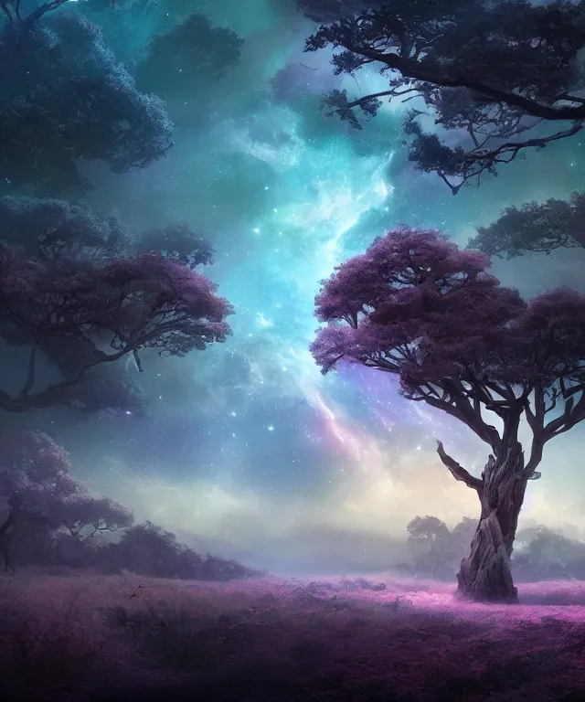 Image similar to a beautiful dreamlike terrain with large twisting trees and the nebula peeking through the sky, digital matte painting by yucong tang