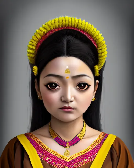 Prompt: portrait of beautiful anime female, assamese, baby face, wearing a bihu mekhela sador costume, clean face, dead eyes, brown hair, symmetrical facial, artstation, character concept art, realistic, detailed face, realistic face, high detail, hyper-realistic, Octane render, Vray, Cinematic, photorealistic, 8k, 8k hd, hyper realistic, ultra HD