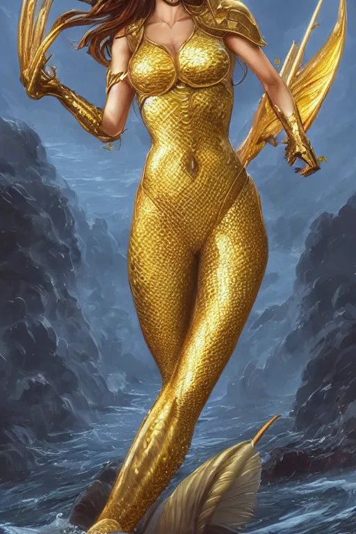 Prompt: mermaid with golden armor, d & d, fantasy, portrait, highly detailed, headshot, digital painting, trending on artstation, concept art, sharp focus, illustration, art by artgerm and greg rutkowski and magali villeneuve