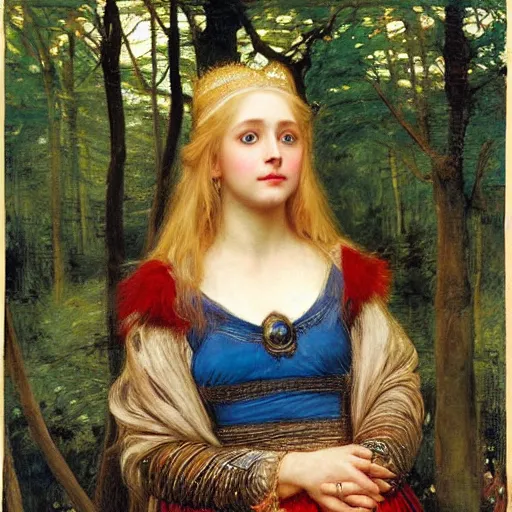 Image similar to portrait of a blue eyed, blonde haired crowned queen of summer with light elvish overtones and a forest background by John WIlliam Waterhouse