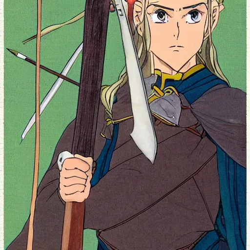 Image similar to Portait of Legolas in an 80s anime version of Lord of the Rings, holding a longbow, very detailed, ultra realistic, handpainted, Satoshi Kon, Hiyao Miyazaki, Katsuhiro Otomo