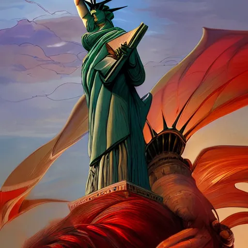 Prompt: Lady Liberty riding the red dragon of china, highly detailed, digital painting, artstation, concept art, smooth, sharp focus, illustration, art by artgerm and greg rutkowski and alphonse mucha