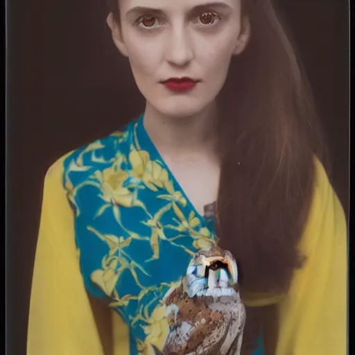 Prompt: head to shoulder portrait Polaroid film photograph of an elegant top model wearing a yellow kimono with a very detailed barn owl on her shoulder!!! in a tropical greenhouse. looking at the camera!!. super resolution. Polaroid 600 film. art by Lili Cranberrie and Cristina Fontsare