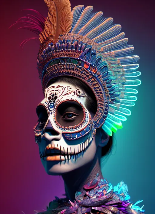 Prompt: 3 d mexican goddess profile portrait. beautiful intricate highly detailed day of the dead mask and feathers. low - key lighting, bioluminescent, plasma, lava, ice, water, wind, creature, quetzalcoatl, artwork by tooth wu and wlop and beeple and lee jeffries, 8 k trending on artstation,