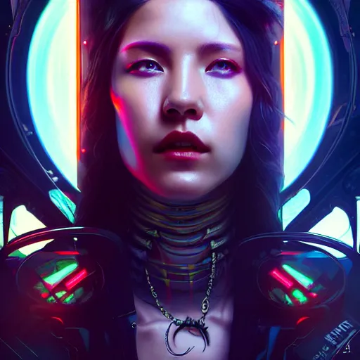 Image similar to portrait painting of cyberpunk solar mamamoo with a halo and devil horns, ultra realistic, concept art, intricate details, eerie, highly detailed, photorealistic, octane render, 8 k, unreal engine. art by artgerm and greg rutkowski and magali villeneuve and alphonse mucha