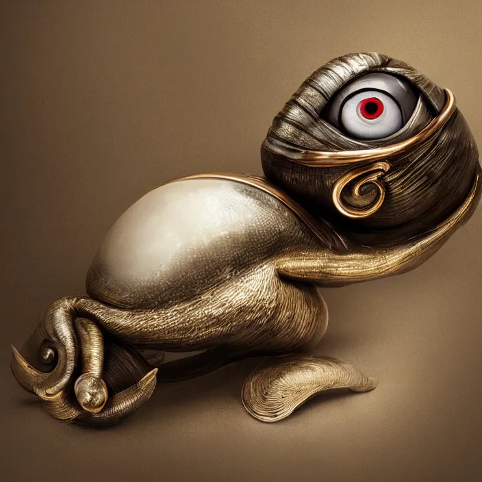 Prompt: anthropomorphic snail with huge cute manga eyes, photorealism, white detail plastic biomechanical with gold, copper, bronze, chrome by h. r. giger, tim burton, lee jeffries, erik johansson, supersampled, 8 k, beautify