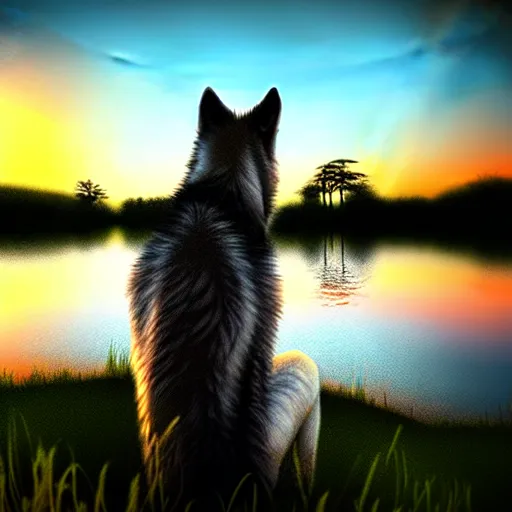 Image similar to view from behind of wolf pup sitting on the shore of a pond, looking out at a sunset, digital art, award winning stunning illustration