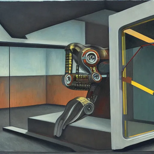 Image similar to cutaway section of a giant robot revealing people living inside, brutalist, dystopian, pj crook, edward hopper, oil on canvas