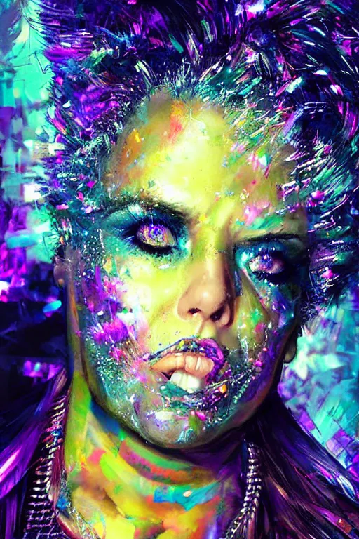 Prompt: portrait, headshot, digital painting, an delightfully mad techno - shaman lady, synthwave, glitter makeup, glitch, chromatic aberration, fracture, crystal explosion, realistic, hyperdetailed, chiaroscuro, concept art, painterly, art by john berkey