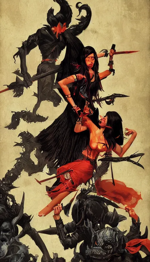 Image similar to indonesian penanggalen attacking young women, pulp movie style, by brom, high contrast