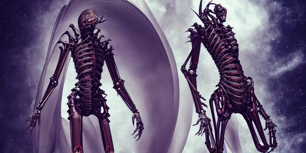 Prompt: space station, walking down the catwalk, vogue, fashion show photo, iris van herpen baroque dress, beautiful woman, perfect body, full body shot, masterpiece, guyver, giger, biomechanical details, legendary dragon, artstation