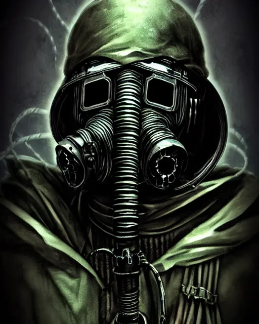 Image similar to portrait of dark haunted atomospheric detailed cyberpunk demon soldier with mechanical wires wearing cyberpunk gas mask from the netherealm smoke mist vapor foggy enviorment from by hr giger