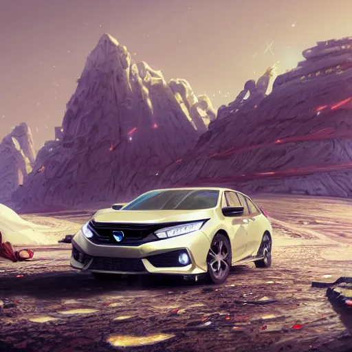 Prompt: highly detailed photoshoot of a honda civic on the moon, in gta v, stephen bliss, unreal engine, fantasy art by greg rutkowski, loish, rhads, ferdinand knab, makoto shinkai and lois van baarle, ilya kuvshinov, rossdraws, tom bagshaw, global illumination, radiant light, detailed and intricate environment