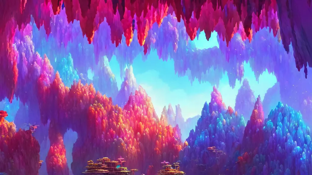Prompt: colorful crystal cluster cave, studio ghibli, pixar and disney animation, sharp, rendered in unreal engine 5, highly detailed, digital painting, artstation, concept art, smooth, sharp focus, illustration, wide angle, artbook, wallpaper, splash art, promo art, dramatic lighting, art by artgerm and greg rutkowski and bo chen and jin xiaodi