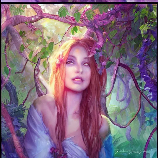 Prompt: a beautiful vibrant mixed pastels and watercolors painting 3 d of a pretty female druid slightly covered by vines in a lush overgrowing forest under bright godrays at sunset, lomo effect, cgsociety # conceptart cg, # oc, by vanessa lemen by charlie bowater by jeff easley