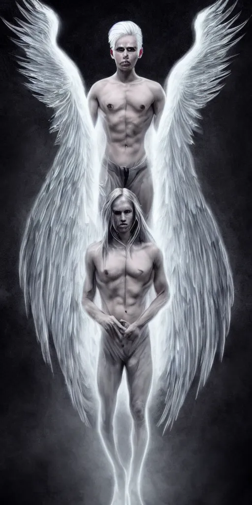 Image similar to full body image of a symmetric detailed terrifying male - angel with white hair with detailed white wings flying in black smoke, ultra realistic, epic, highly detailed, hd, sharp focus, cinematic lighting, realistic, vivid colors, gritty, matt painting, digital art, non blurry, sharp, artstation, concept art, smooth, illustration.