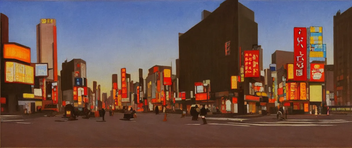 Prompt: an edward hopper style painting of a busy road in tokyo shibuya, sunset